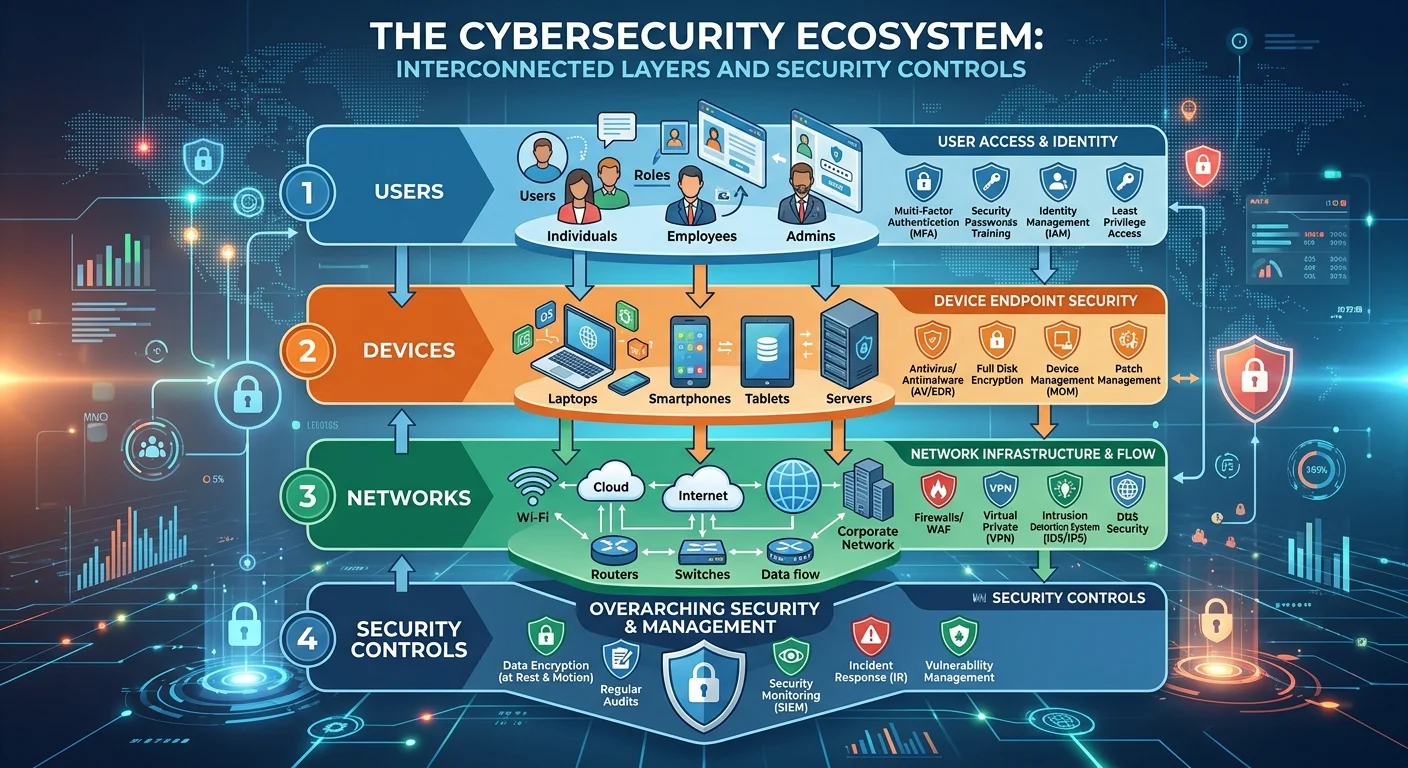 Diagram illustrating cybersecurity basics including users, networks, and protection layers