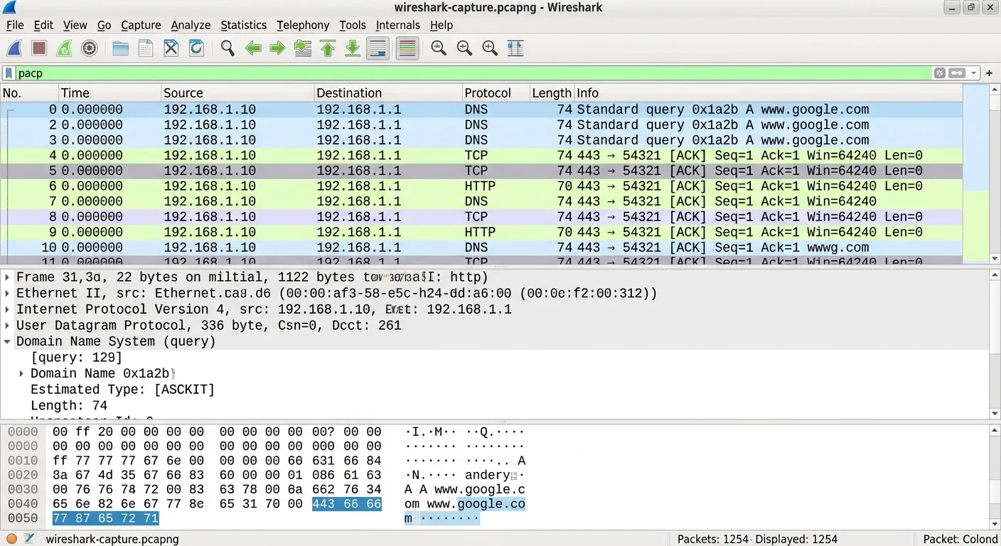 Wireshark network analysis tool showing captured packet data for cybersecurity learning
