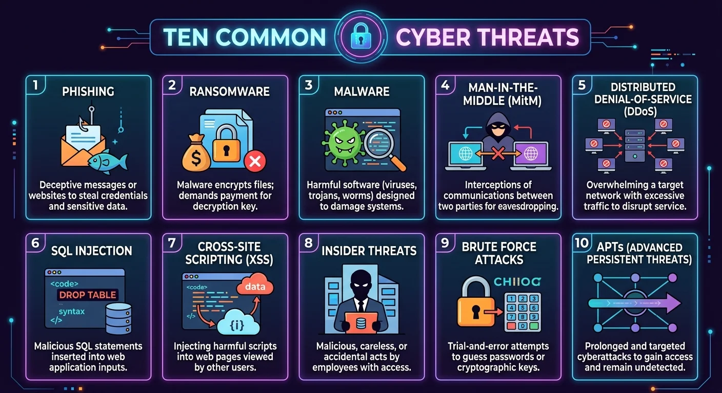 Visual overview of top 10 cyber threats for beginners