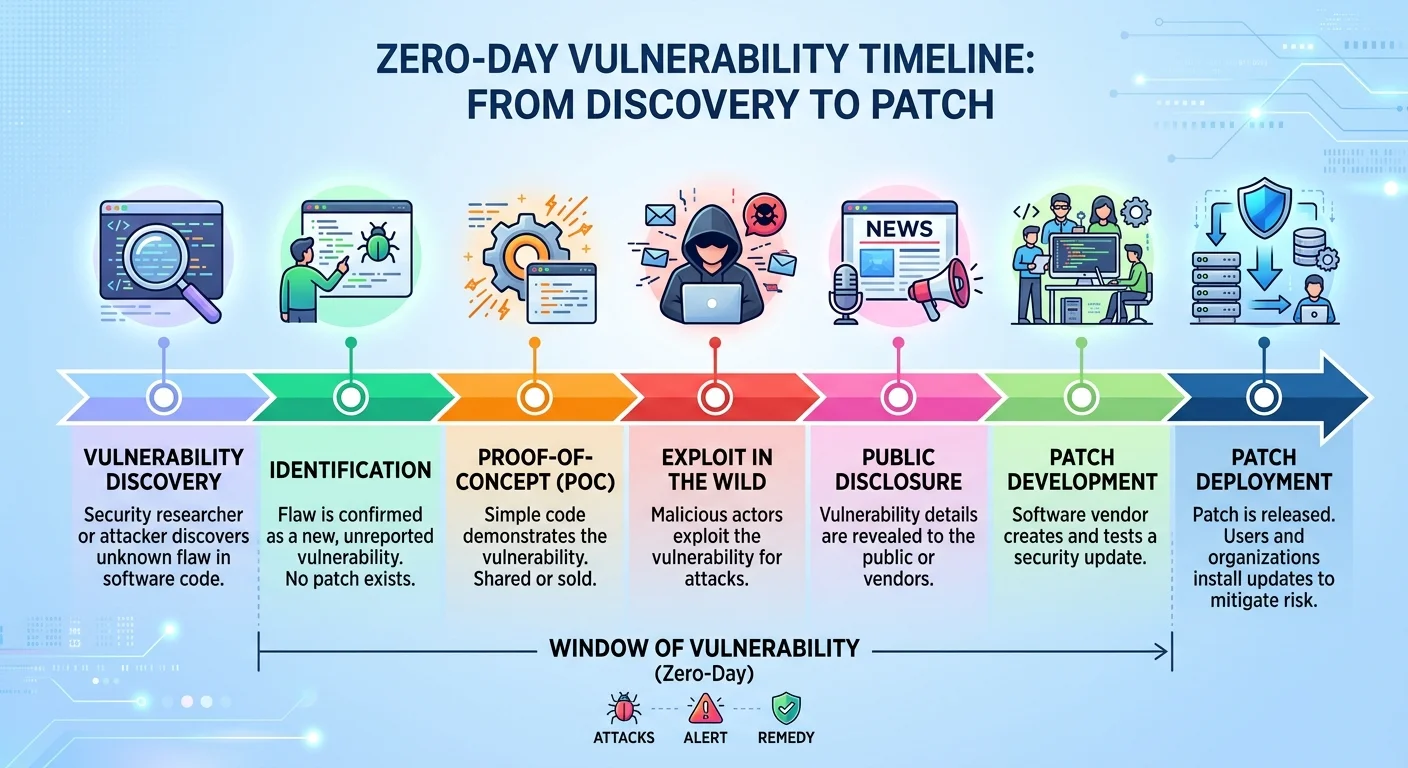 Zero-day exploit lifecycle showing the window of vulnerability before a patch is released