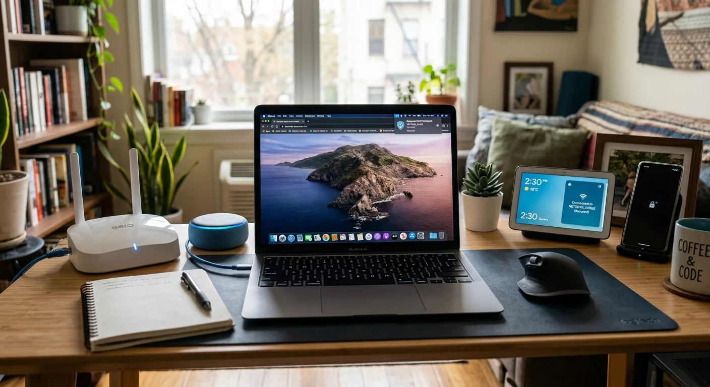 Home network setup with secured router and connected devices