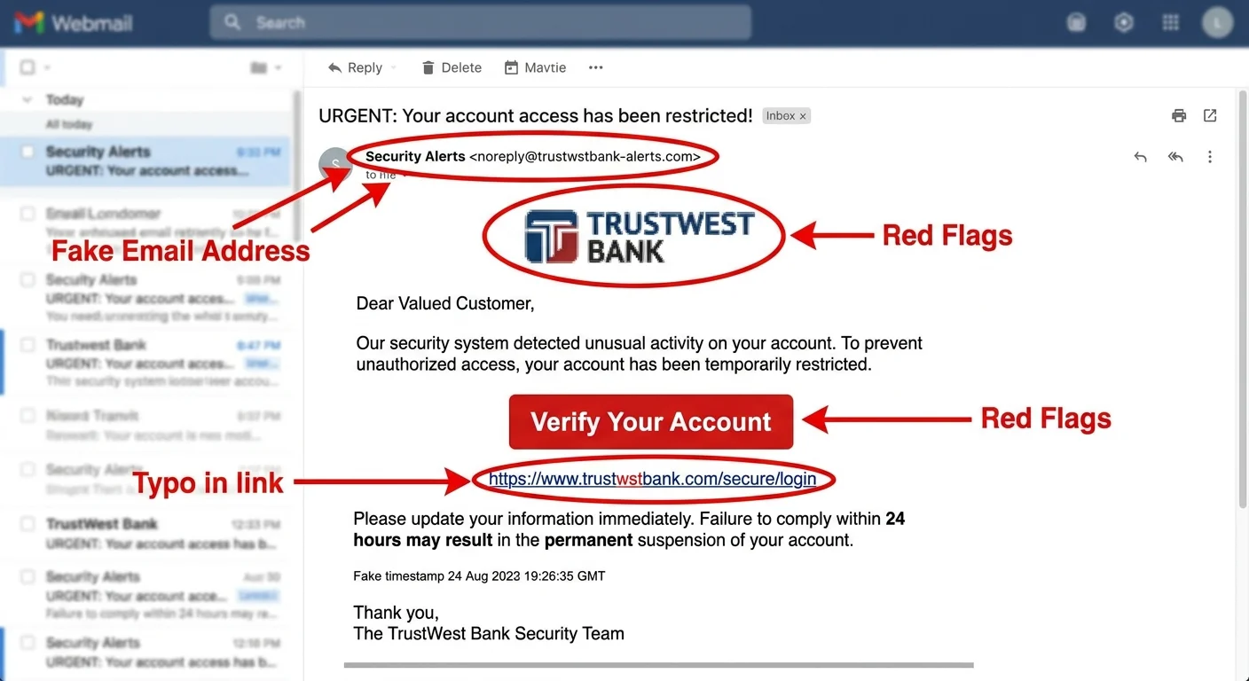 Example of a phishing email with red flags highlighted including a fake logo and suspicious URL