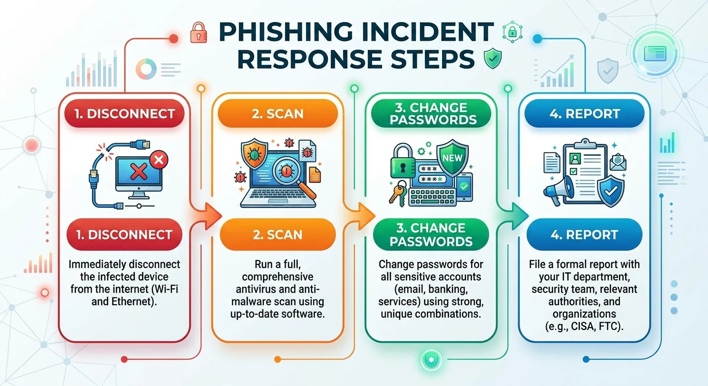 Flowchart of phishing incident response steps including disconnect scan change passwords and report