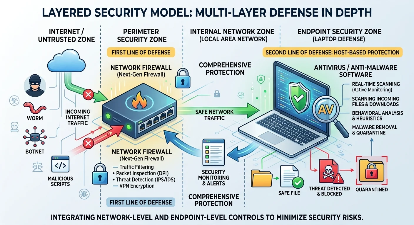 Layered security diagram showing firewall and antivirus working together